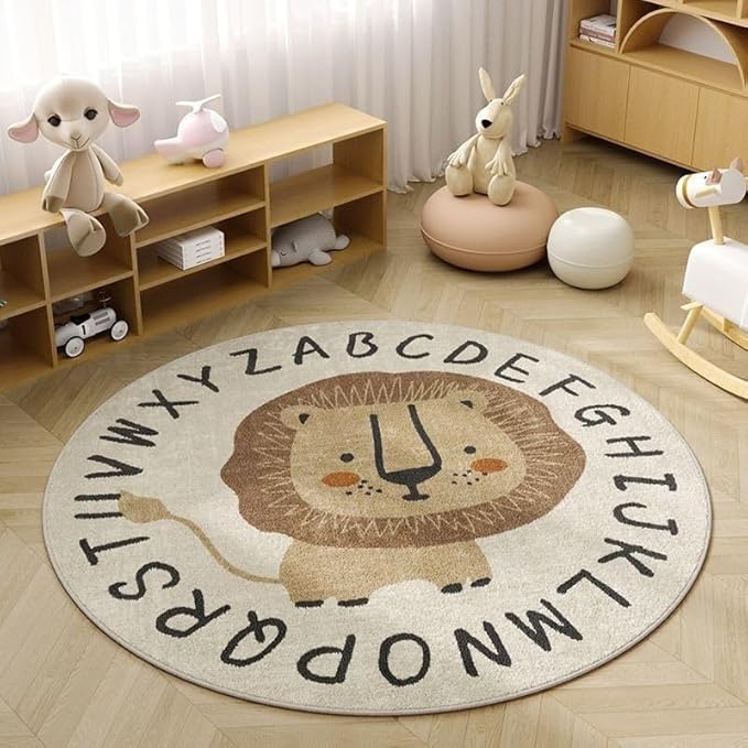 Poowe Cute Lion ABC Kids Play Mat Baby Nursery Rug Round Educational Alphabet Soft Area Rug Non Slip for Children Toddlers Bedroom (Round 31.5", ABC Lion)