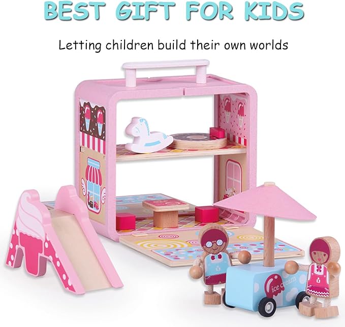 Wooden Building Set Toys Candy House Toys with Wooden Small Table and Chairs Blocks Storage Toys for Age 3+ Children