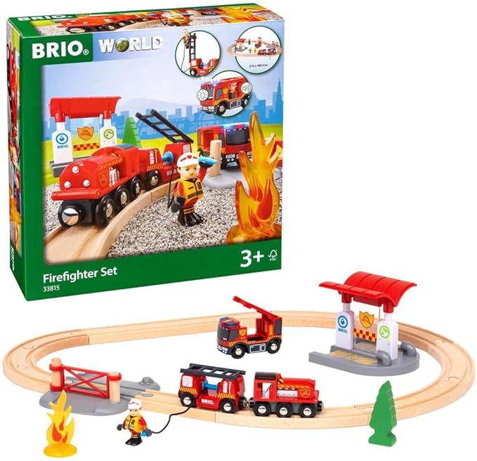 BRIO 33815 Rescue Firefighter Set | 18 Piece Train Toy Set with Fire Truck and Accessories | Kid-Friendly Wooden Tracks | Ideal for Toddlers Aged 3 and Up