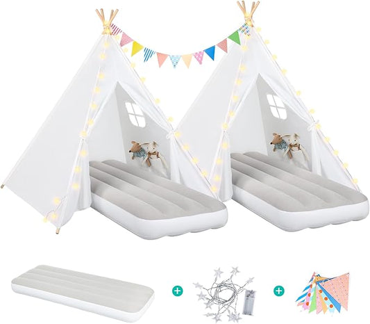 Teepee Tent for Kids Sleepover Party 2 Pack: Inflatable Airbed & Star Lights & Colored Flag - Indoor Outdoor Toddler Play Tent for Girls Boys Birthday Gifts Slumber Party (White)