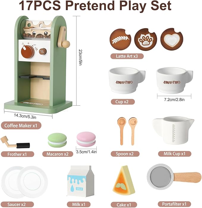 Kids Wooden Coffee Maker Toy,Coffee Machine Playset with Grinder,Play Coffee Making Routine,Stimulates Imaginative Pretend Play and Life Skills,Birthday Gift for Toddler Boy Girl,17pcs
