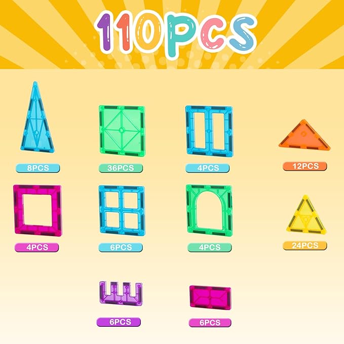 FNJO Magnetic Tiles, 110PCS Magnet Building Set, Magnetic Building Blocks,Construction STEM Learning and Playing Toys for Kids, Montessori Toy for Preschool Boys Girls Toddlers Classroom Must-Haves