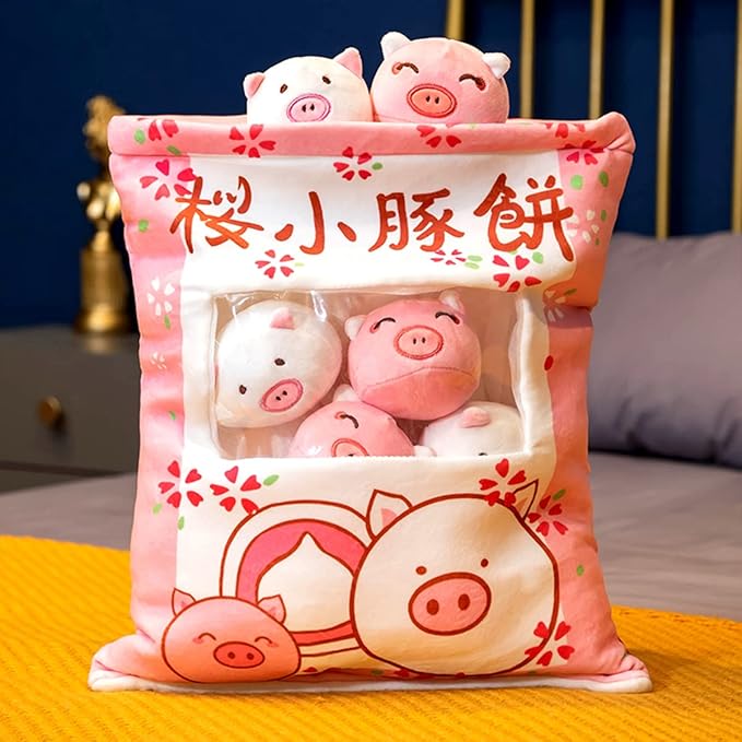 ARELUX Cute Pig Plush Pudding Pillow:Snack Pillow Toys Bag Removable Stuffed Animal 8Pcs Sets Creative Plush,Soft Sakura Pig Plushie Throw Pillow,Dolls Friends Family Member