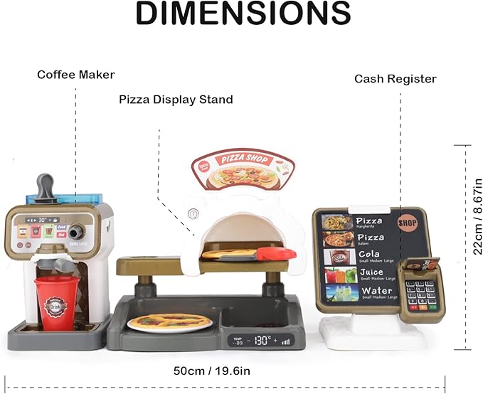 deAO Pretend Play Store Coffee Playset Kids Coffee Maker Play Set Pizzas Shop with Cash Register Toy Kitchen Playset Accessories Gifts for Toddlers Boys Girls