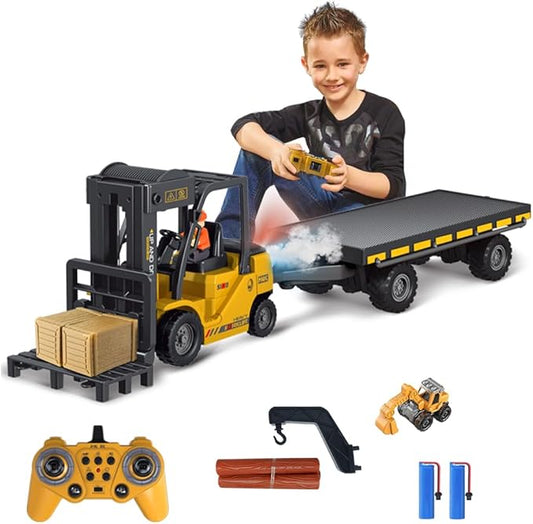 Remote Control Forklift with Flatbed Truck, 11 Channel RC Forklifts with Spray, Cool Lights & Sound, 2 in 1 Lift Fork & Hook, Crane Construction Toys for Boys, Birthday Gift for Kids 3+