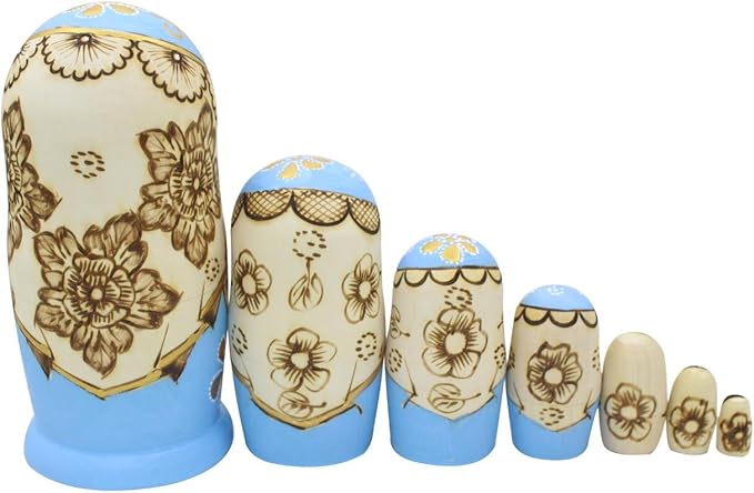 Winterworm® Cute Little Girl with Big Braid Handmade Matryoshka Wishing Dolls Russian Nesting Dolls Set 7 Pieces Wooden Kids Gifts Toy Home Decoration Sky Blue
