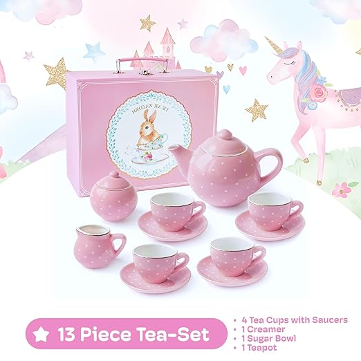 Jewelkeeper Tea Set for Little Girls - 14-Piece Porcelain Tea Party Set for Children Includes Teapot, Cups, Saucers, Creamer, and Sugar Bowl - Pink Polka Dot Design