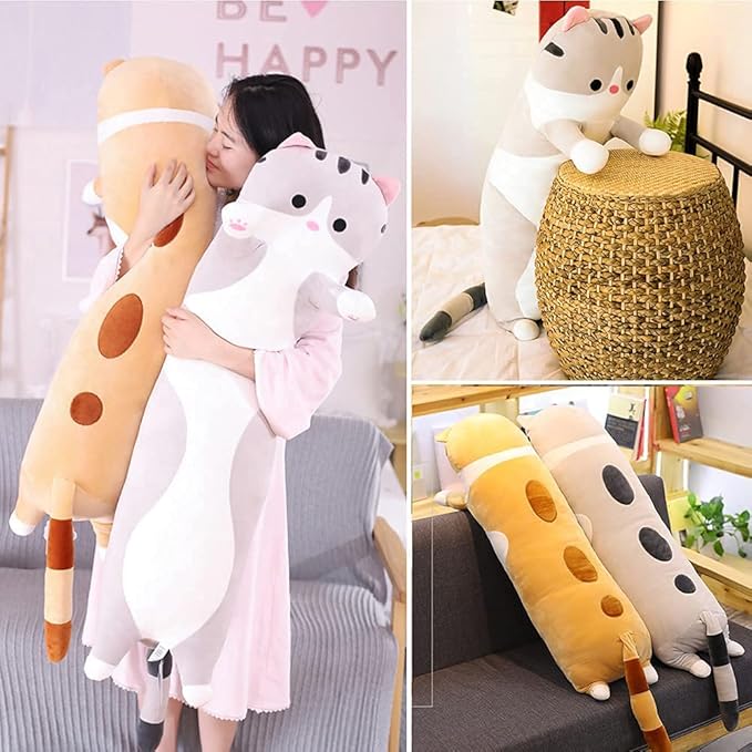 Cute Cat Plush Long Body Pillow Cuddle Cartoon Stuffed Animals Cat Plushie Soft Doll Pillows Gifts for Kids Girls(Gray, 35 Inches), 1 Count (Pack of 1)