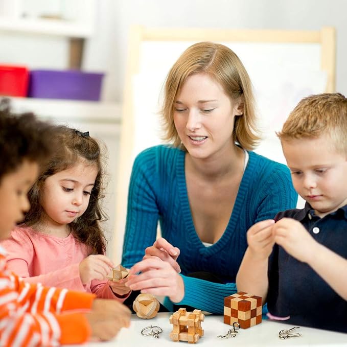 Brain Teaser Puzzles - 28 Pc Mind & IQ Puzzles, Wooden & Metal, 3D, Unlock Interlock, for Teens