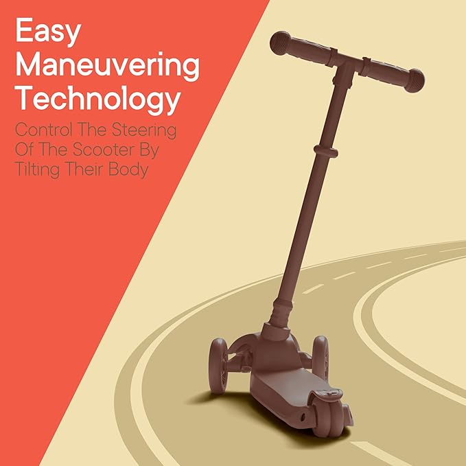 Brown Mini 3 Wheel Scooter for Kids – Lean-to-Steer with LED Light-Up Wheels, Adjustable Handlebar, Wide Anti-Slip Deck, Smooth PU Wheels, Rear Foot Brake – Toddler Scooter for Ages 2+