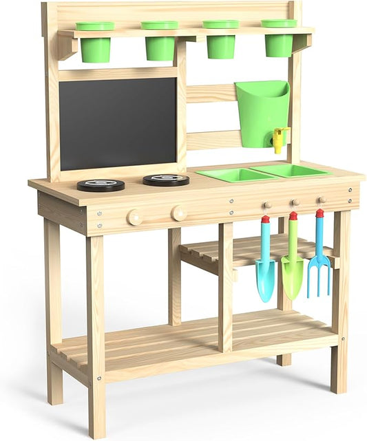 Cedar Wood Outdoor Play Kitchen for Kids, Mud Kitchen with Water Faucet, Dual-Sided Chalkboard, Storage Shelves, Cups, Removable Sink, and Pretend Stove – Backyard Toddler Playset for Boys and Girls