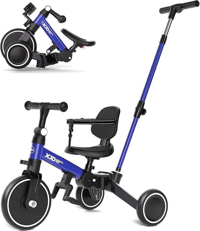 XJD Toddler Bike, 6 in 1 Folding Toddler Tricycle for 1-4 Year Old with Push Handle, Balance Bike with Removable Pedal,Backrest, Adjustable Seat Height and Handle, First Birthday Gifts (Blue)