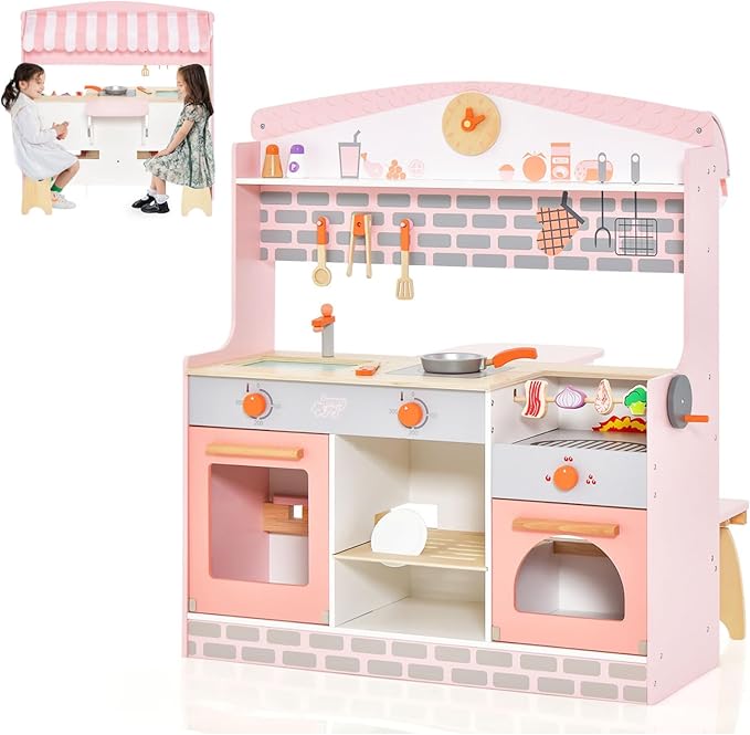 HONEY JOY Kids Kitchen Playset, 3-in-1 Double Side Wooden Little Chef Pretend Play Toy Kitchen Set for Toddlers & Barbecue Grill Set & Restaurant, Retractable Seat & Canopy, Gift for Boys Girls, Pink