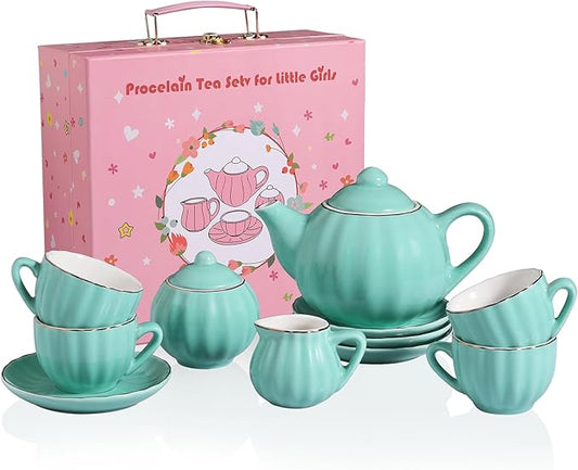 Sweejar Porcelain Tea Set for Little Girls,Kitchen Toys Tea Party Set for Kids Toddler Kitchen Pretend Toy Include Children Teapot, Cup & Saucer Set of 4, Sugar Bowl and Cream Pitcher(Turquoise)