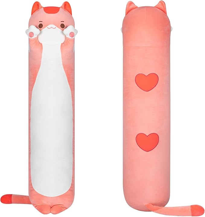 Artist-Designed Ultra Soft Long Cat Plush Body Pillow, Extra Stuffing for Comfort, Premium Quality Stuffed Animal Gift for Girlfriend or Cat Lovers (Pink Cat Body Pillow 20 Inch)