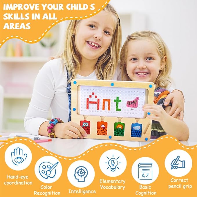 Magnetic Dot Board for Kids, Airplane Toys Car Travel Activities for Toddlers, Wooden Doodle Board with Beads and Pen, Early Learning Montessori Art Toddler Toys