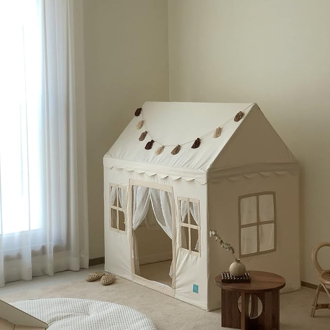 PETITE MAISON Kids Play House Tent with 100% Cotton Fabric & 5 Windows - Hand Made Premium Quality Play Tent for Indoor & Outdoor - Light and Easy to Assembly - Best Birthday Gift - Vely Beige