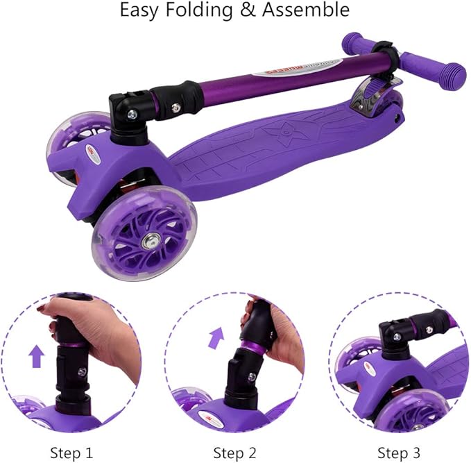 ChromeWheels Scooters for Kids, Deluxe Kick Scooter Foldable 4 Adjustable Height 132lbs Weight Limit 3 Wheel, Lean to Steer LED Light Up Wheels, Best Gifts for Girls Boys Age 3-12 Year Old