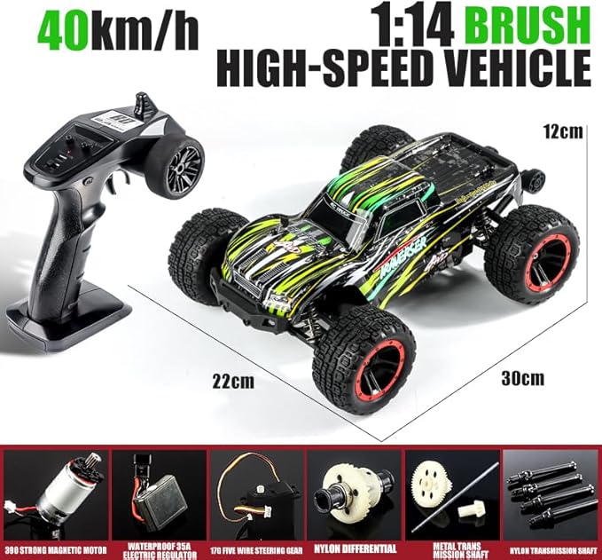 Double Delight Remote Control Car, 1:14 Scale RC Truck 38+ KM/H Speed, 2.4G All-Terrain Off-Road Truck Toy Gifts for Boys and Adults with 2 Rechargeable Batteries Provide 40+ Min Playtime (Green)