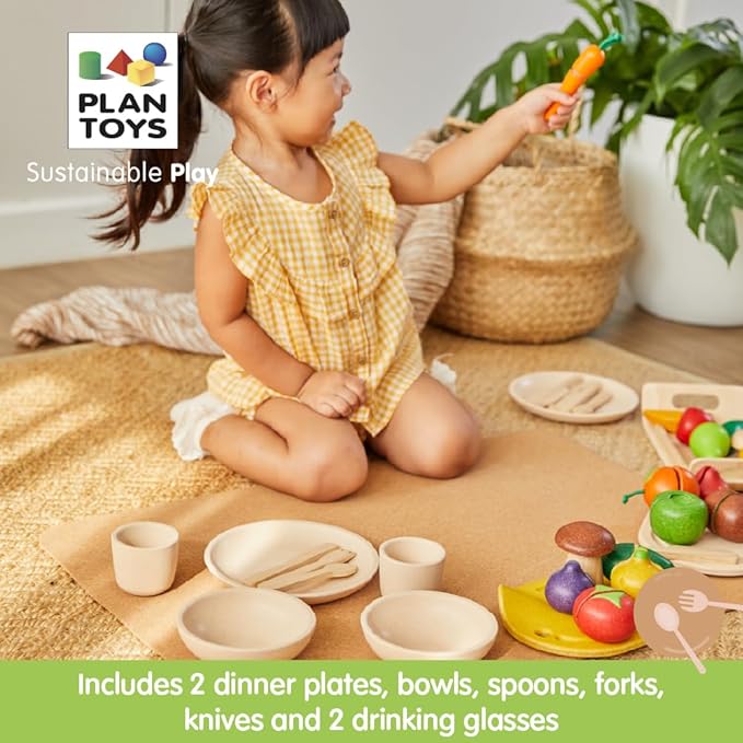 PlanToys Play Dishes Wooden Tableware Set - Sustainably Made from Rubberwood Featuring 2 Plates, 2 Spoons, 2 Forks, 2 Knives, 2 Drinking Cups, and 2 Bowls