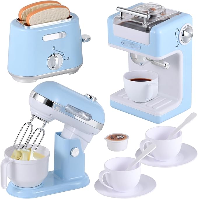 Pretend Play Kitchen Appliances Toy Set with Coffee Maker Machine, Mixer and Toaster, Play Kitchen Accessories with Sound & Light Birthday Gifts for Kids Age 3+ Boys and Girls
