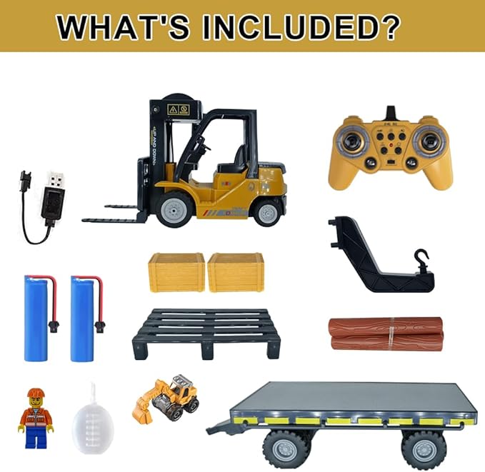 Remote Control Forklift with Flatbed Truck, 11 Channel RC Forklifts with Spray, Cool Lights & Sound, 2 in 1 Lift Fork & Hook, Crane Construction Toys for Boys, Birthday Gift for Kids 3+