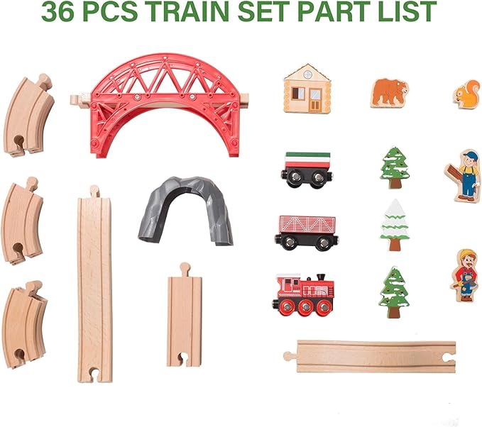 36 PCS Christmas Wooden Train Set Toy for Toddler Kids, Expandable Changeable Wooden Train Track for Boys & Girls 3-7, Christmas Birthday Gift, fits for Brio,Thomas, Melissa and Doug