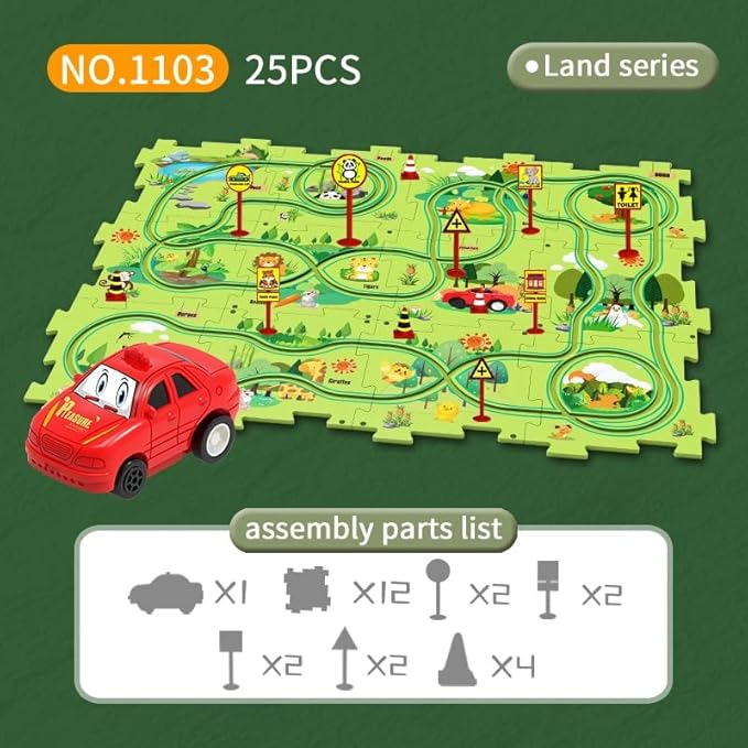 25PCS Puzzle Racer Kids Car Track Set, Land Series Jigsaw Puzzle Racer Car Play Set Preschool Gifts for Kids Christmas Birthday Gift for Boys Girls