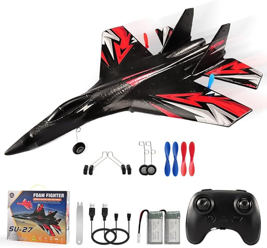 SU27 RC Plane, 2.4GHZ RC Airplane Ready to Fly Remote Control Airplane W/ 2 Batteries & 6-axis Gyro Stabilizer, 2CH RTF Hobby RC Glider for Beginners Kids Boys Girls Adults