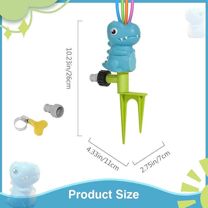MoKo Water Sprinkler for Kids, Dinosaur Toddler Outdoor Toys with 4 Wiggle Tubes and Hose Clamp, Outdoor Play Toys Spray Up to 8ft, Summer Water Toys Sprinklers for Yard Lawn Garden Game, 1 Pack, Blue