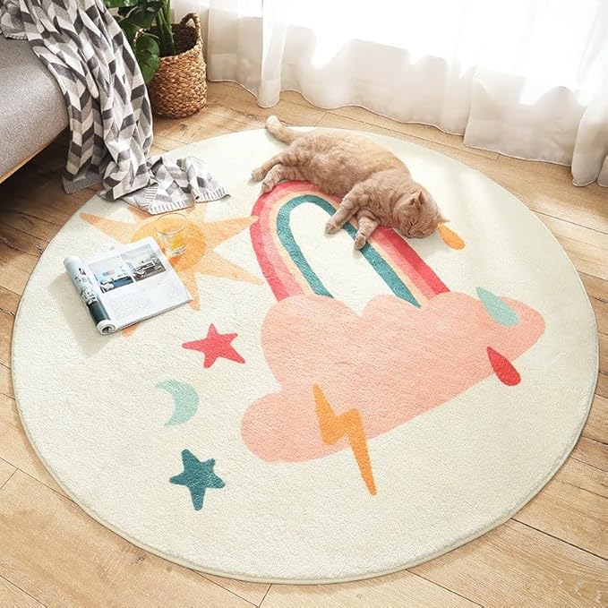 Poowe Round Kids Playroom Rug - Soft Alphabet Nursery Rug for Bedroom - Playtime Collection, Learning & Game Carpet for Classroom, Best Shower Gift for Infant Toddlers (Round 39.4", Weather)