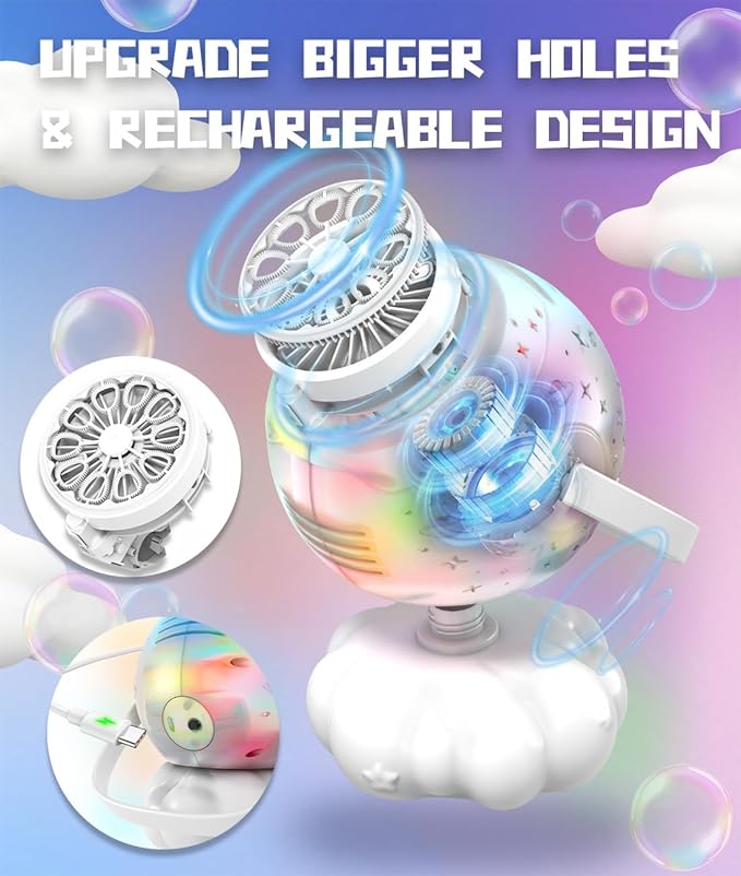 Rechargeable Bubble Machine with Colorful LED Light - Make Large Bubbles - 600mL Automatic Bubble Maker for Kids - Outdoor Party Birthday Easter Toys Gifts for Toddlers Ages 3+ Boys Girls