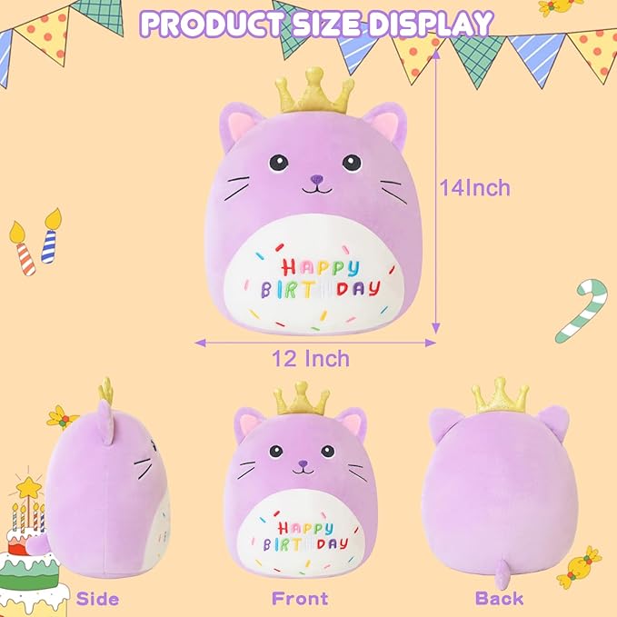 SQEQE Cat Stuffed Animal Kawaii Cat Plushie with Golden Crown Soft Kitty Stuffed Toy Birthday Party Decoration Gift for Kids Girls Boys(Purple Caticorn,14 Inch)
