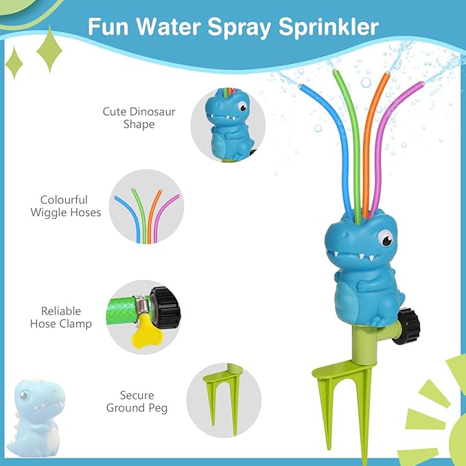 MoKo Water Sprinkler for Kids, Dinosaur Toddler Outdoor Toys with 4 Wiggle Tubes and Hose Clamp, Outdoor Play Toys Spray Up to 8ft, Summer Water Toys Sprinklers for Yard Lawn Garden Game, 1 Pack, Blue