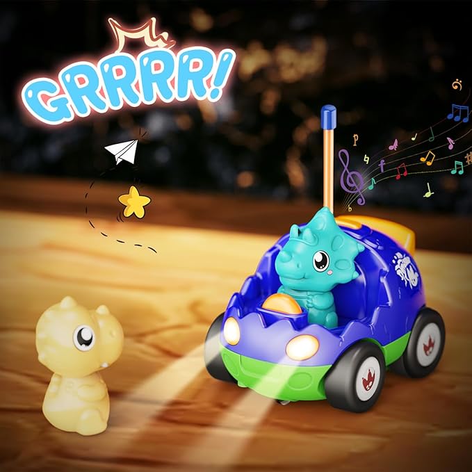2 Pack Dinosaur Toys Remote Control Cars for Toddlers Ages 2 3 4 5 6, Christmas Birthday Gifts for 2-5 Year Old Boys, Dinosaur RC Car Toys with Music and Lights (Green Blue)