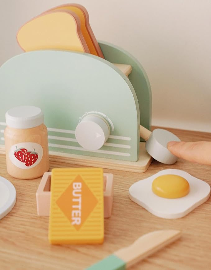 Wooden Pop Up Toaster Toys Play Set for Kids, Bread Maker Toy, Montessori Pretend Play Food Kitchen Accessories for Toddler Girls and Boys (Bread Maker)