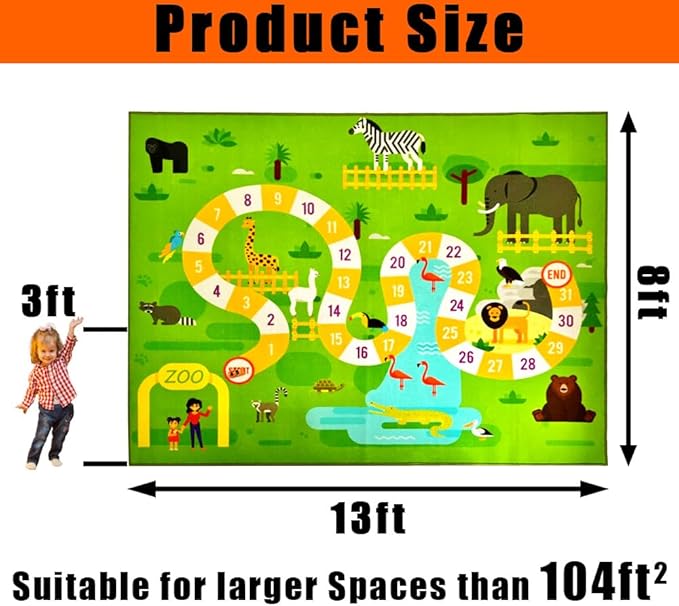 Classroom Rugs for Playroom, Preschool, Daycare Rug for Classroom, Large Learning Numbers Road Play Map Animal Safari Road Playtime Educational Area Rugs for Kids, Nursery(13'x7'7'', Green)