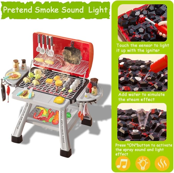 Barbecue Grill Toy Set, Kids BBQ Grill Playset with Smoke Sound Light Simulation Camping Cooking Interactive Toys Christmas Birthday Gift for Toddlers Girls Boys 2-6
