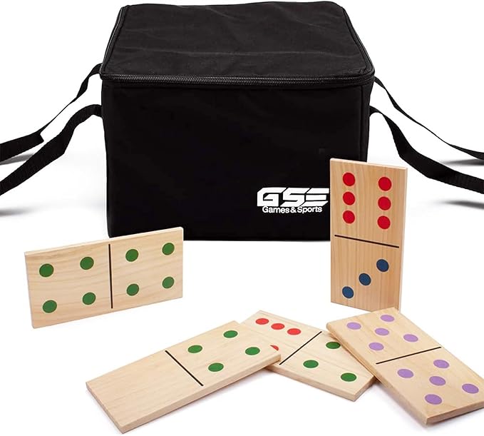 GSE Games & Sports Expert Jumbo Wooden Dominoes with Multi-Color Dots, 28 Piece 10" x 5" Dominoes Game Set with Storage Bag for Home, Yard