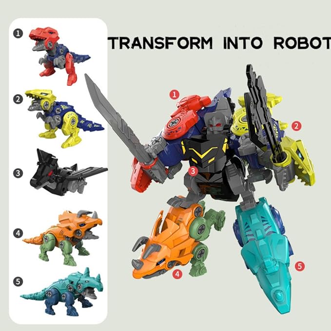 Dinosaur Transform Robot 5 in 1 Take Apart Toys Set for boy Kid Age 3 4 5 6 7 8 Years Old Construction Building DIY with Drill Tool Kit Best Gift for Birthday Christmas Easter