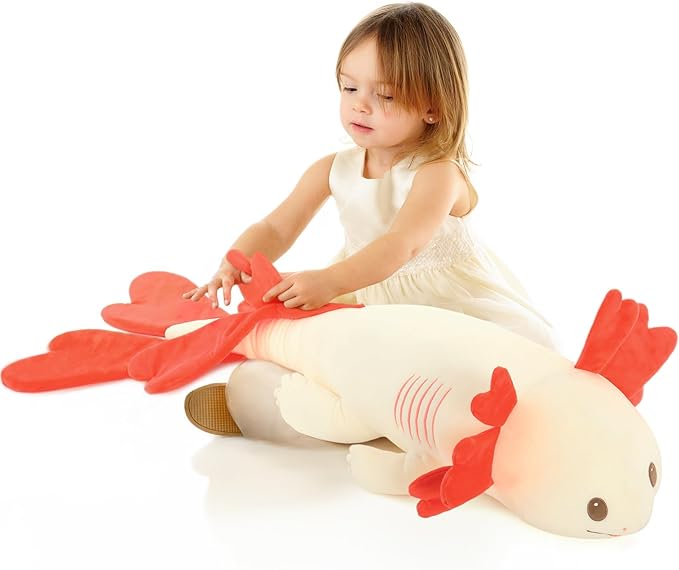 Axolotl Stuffed Animals Long Body Throw Pillow, Giant Love Heart Salamander Plush Bolster Body Pillow, Christmas Birthday Valentines Gift for Sider Sleeper Kids Girls Boys Adults