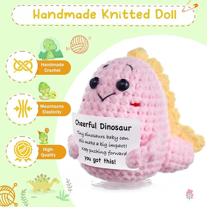 Funny Easter Basket Stuffers Positive Crochet Animals Dinosaur, Stress Relief Gifts for College Student Graduation Boyfriend Husband Women Birthday Desk Decor(Pink Dinosaur)