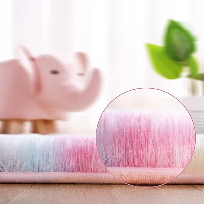 AROGAN Soft Rainbow Area Rugs for Girls Room 4x6 Feet, Fluffy Girls Bedroom Rugs, Princess Rug, Cute Colorful Carpet for Kids Teens Nursery Toddler, Pink