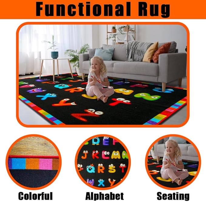 13'x7'7'' ABC Classroom Rug Black, Preschool Rugs for Classroom, Large Daycare Rugs for School, Carpets for Kids Classroom Rugs Elementary