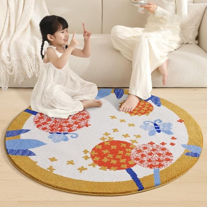 Poowe Round Butterfly Kids Area Rug Soft Fluffy Kids Construction Rugs for Playroom Nonslip Digger Nursery Rug for Boys Room,Round 31.5"