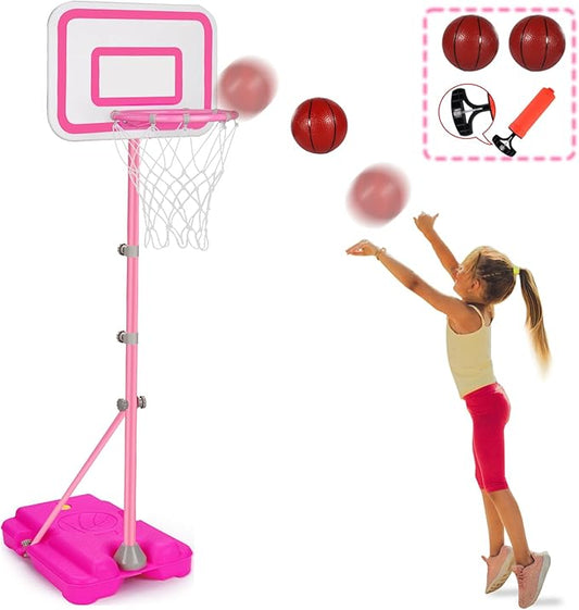 Pink Adjustable Basketball Hoop for 2-6 Year Old Girls, Portable Kids Hoop for Indoor/Outdoor Play