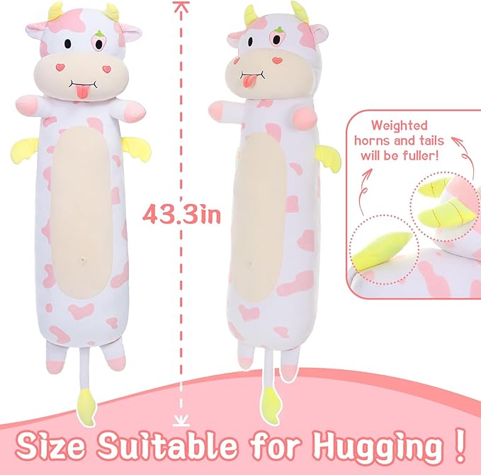 Long Cow Body Pillow 43.3Inch Cow Body Pillow, Pink Cow Stuffed Animal Glow in The Dark, Strawberry Cow Pillow with Heart for Kids Girlfriend,Birthday, Thanksgiving, Christmas Pillow Gift