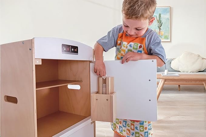 Hape Gourmet Kitchen Wooden Fridge | Cabinet Style Refrigerator Fridge Freezer with Ice Dispenser