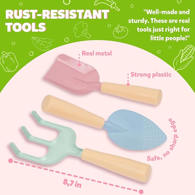 Floral Kids Gardening Set - Toddler Garden Tools, No-Leak Watering Can & Quality Tote Bag - Safe Metal Tools for Kids