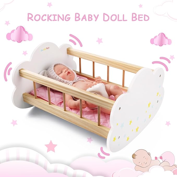 BABESIDE Wooden Baby Dolls Bed for 12-16 Inches Doll, Rocking Babys Doll Crib, Sleep Bed, Baby Dolls Accessories Furniture fit Newborn Dolls Boys&Girls
